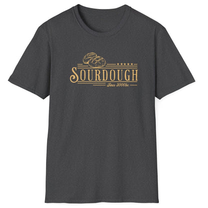 Vintage-style sourdough T-shirt in dark grey featuring hand-drawn loaves and the phrase “Sourdough Since 3000 BC” — a heritage-inspired design for bread lovers and fermentation fans