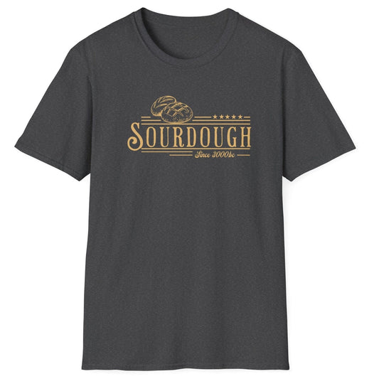 Vintage-style sourdough T-shirt in dark grey featuring hand-drawn loaves and the phrase “Sourdough Since 3000 BC” — a heritage-inspired design for bread lovers and fermentation fans