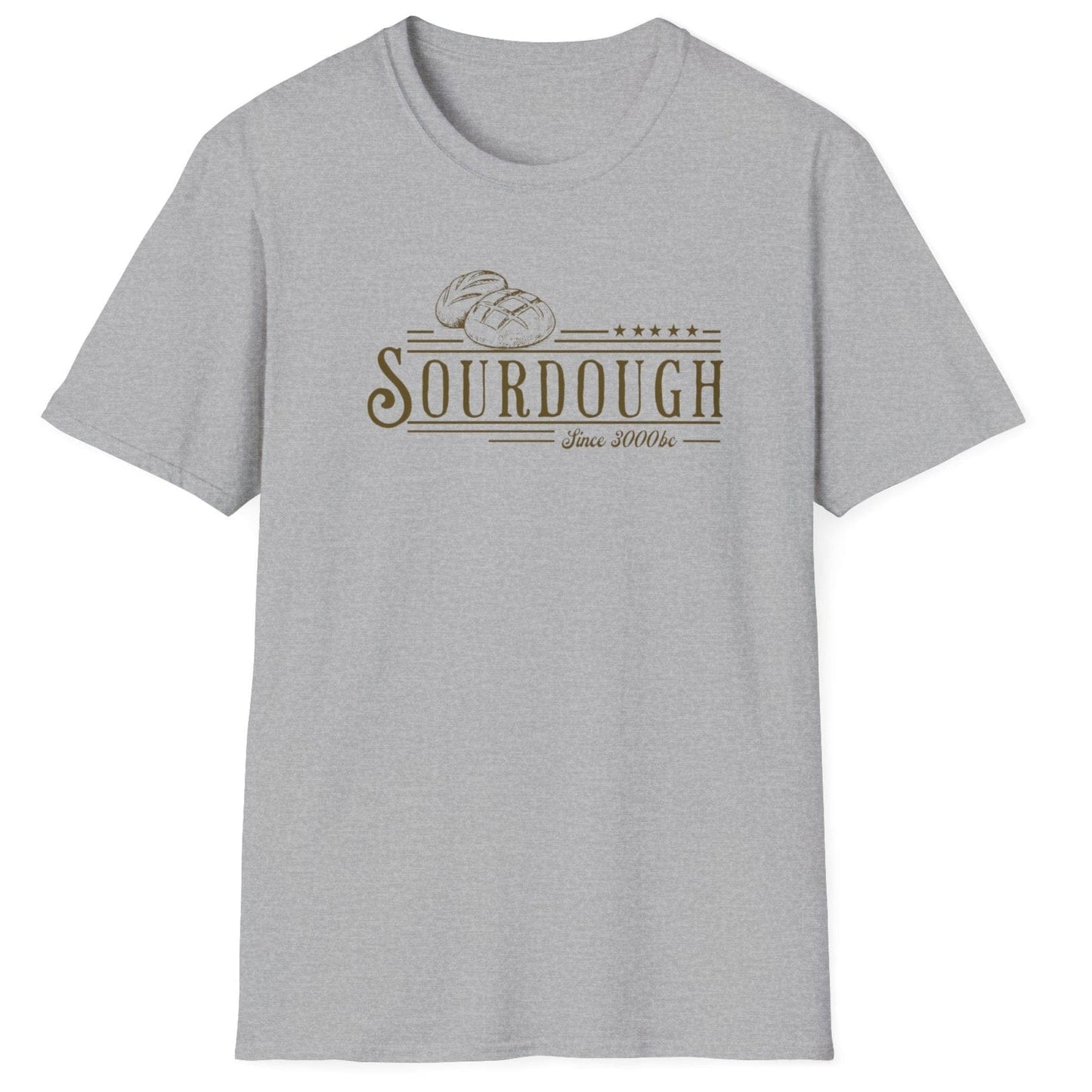 Vintage-style sourdough T-shirt in grey featuring hand-drawn loaves and the phrase “Sourdough Since 3000 BC” — a heritage-inspired design for bread lovers and fermentation fans