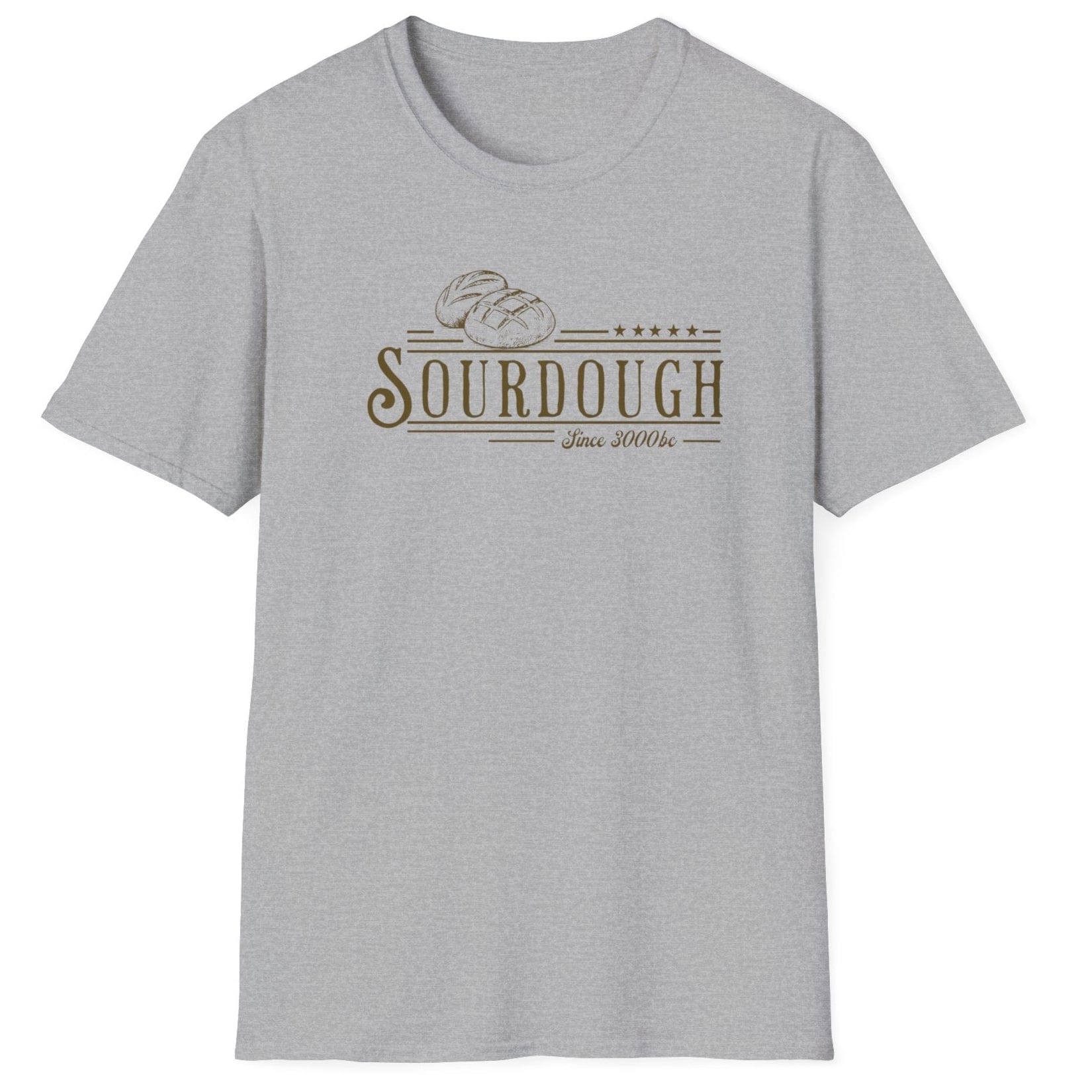 Vintage-style sourdough T-shirt in grey featuring hand-drawn loaves and the phrase “Sourdough Since 3000 BC” — a heritage-inspired design for bread lovers and fermentation fans