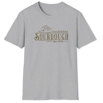 Vintage-style sourdough T-shirt in grey featuring hand-drawn loaves and the phrase “Sourdough Since 3000 BC” — a heritage-inspired design for bread lovers and fermentation fans