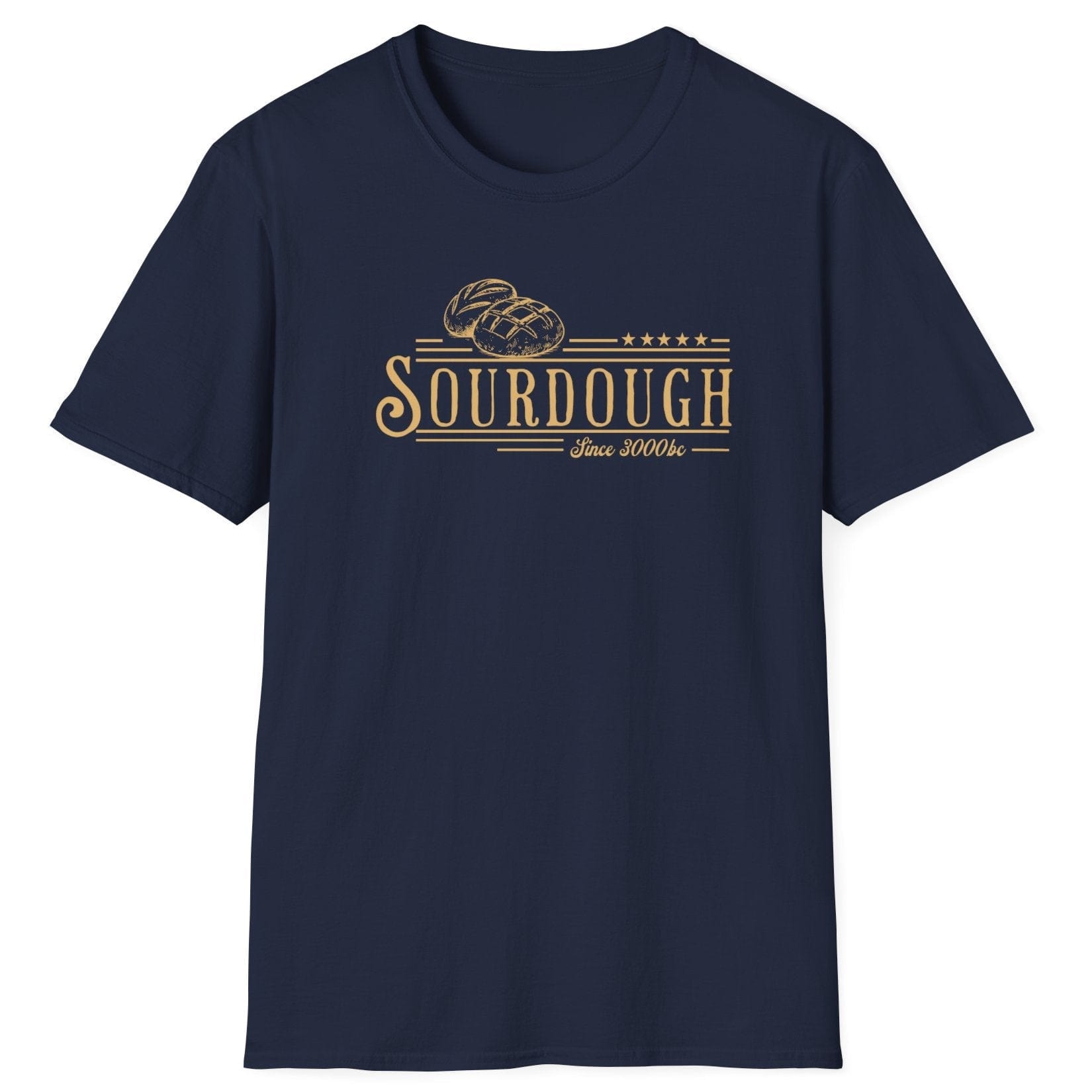 Vintage-style sourdough T-shirt in navy featuring hand-drawn loaves and the phrase “Sourdough Since 3000 BC” — a heritage-inspired design for bread lovers and fermentation fans.