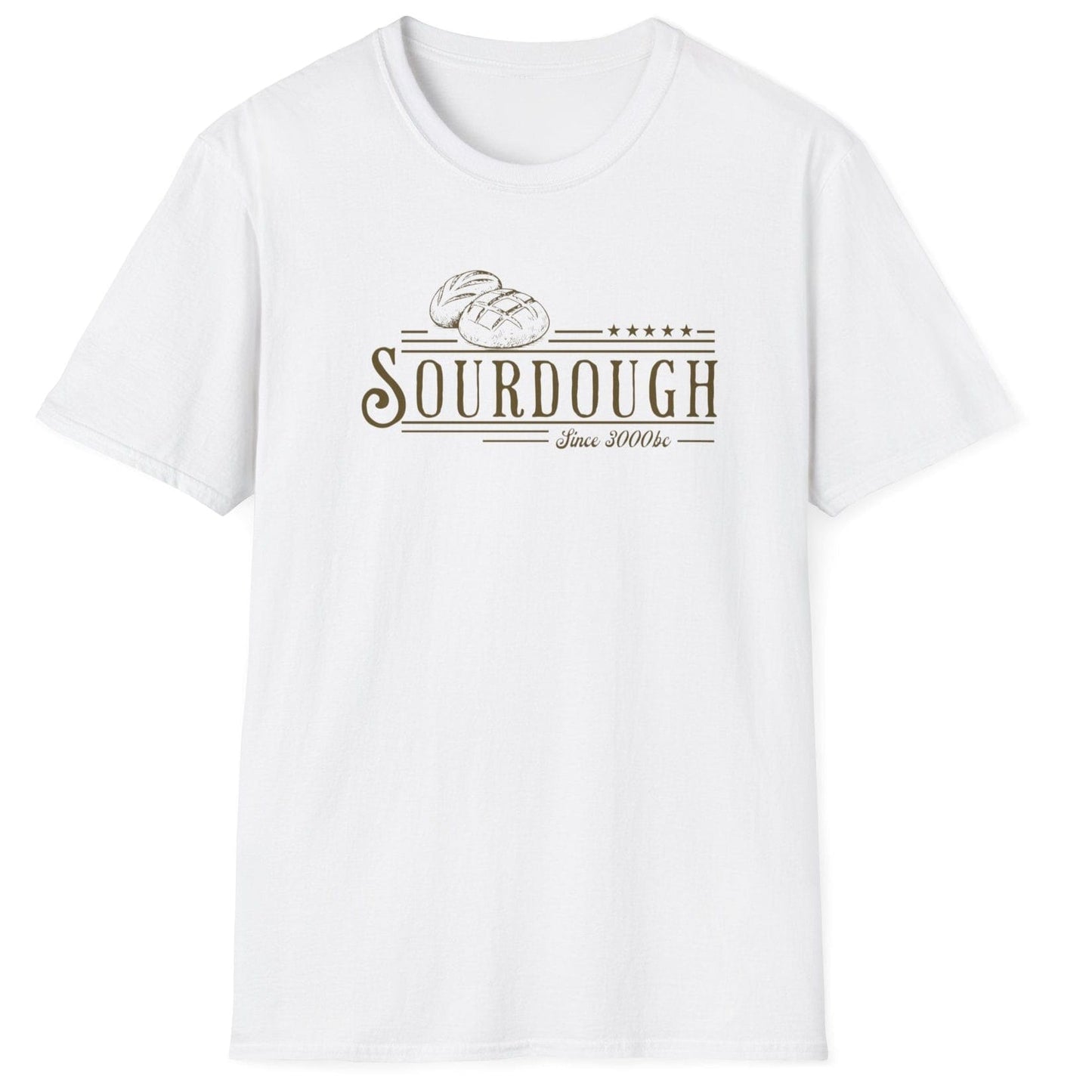 Vintage-style sourdough T-shirt in white featuring hand-drawn loaves and the phrase “Sourdough Since 3000 BC” — a heritage-inspired design for bread lovers and fermentation fans.