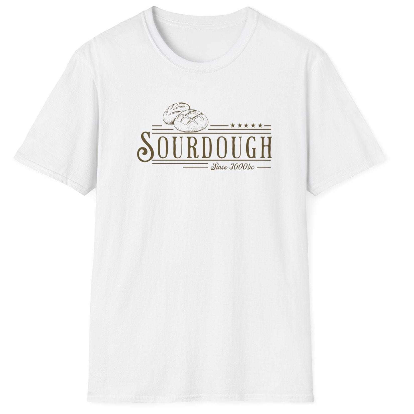 Vintage-style sourdough T-shirt in white featuring hand-drawn loaves and the phrase “Sourdough Since 3000 BC” — a heritage-inspired design for bread lovers and fermentation fans.