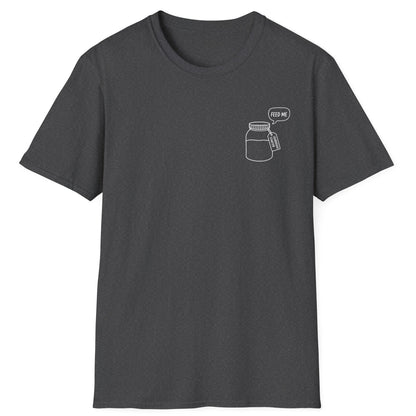 Minimalist illustration of a sourdough starter jar with a speech bubble reading “Feed Me” — pocket-style design on a dark grey Tee for sourdough bakers and fermentation enthusiasts.