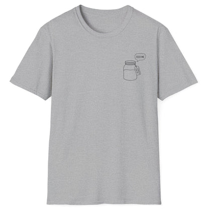 Minimalist illustration of a sourdough starter jar with a speech bubble reading “Feed Me” — pocket-style design on a grey Tee for sourdough bakers and fermentation enthusiasts.