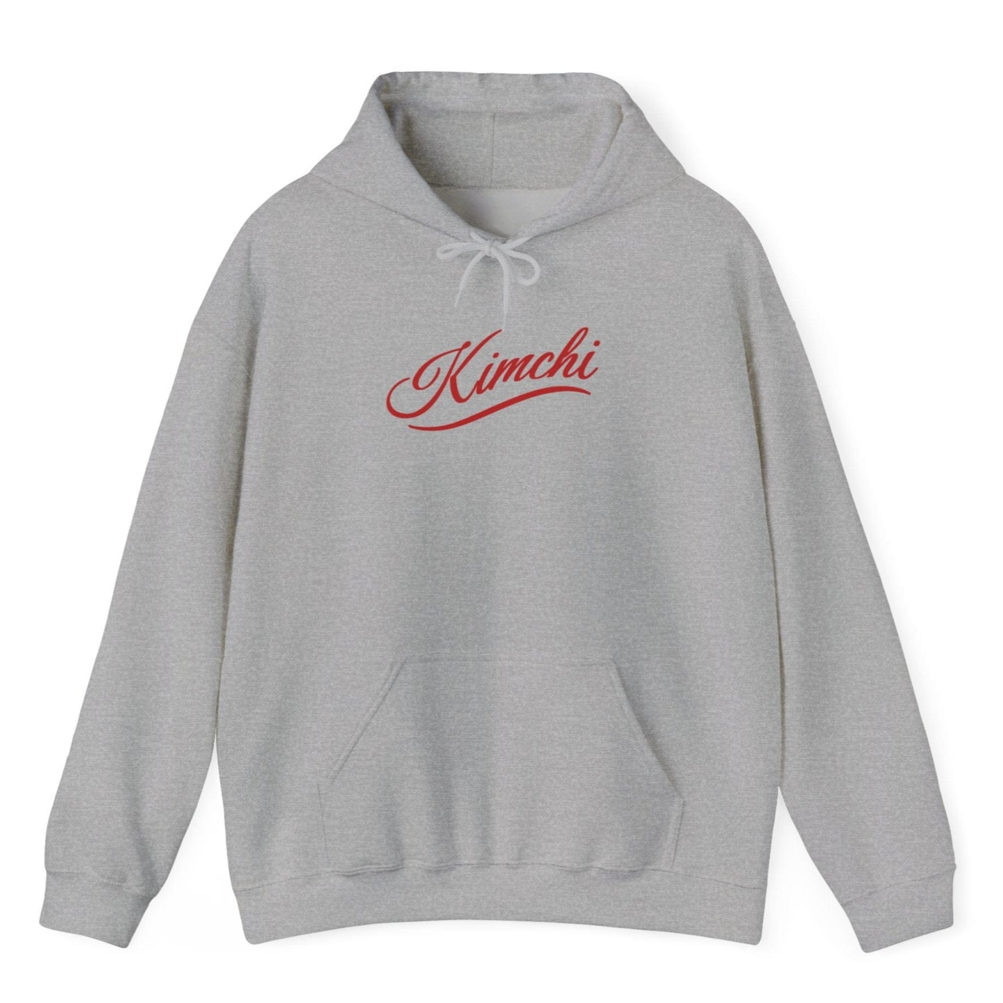 Sports grey hoodie with the word KIMCHI in in a simple but elegant script with a subtle flourish. Great gift for fermenters and kimchi lovers.