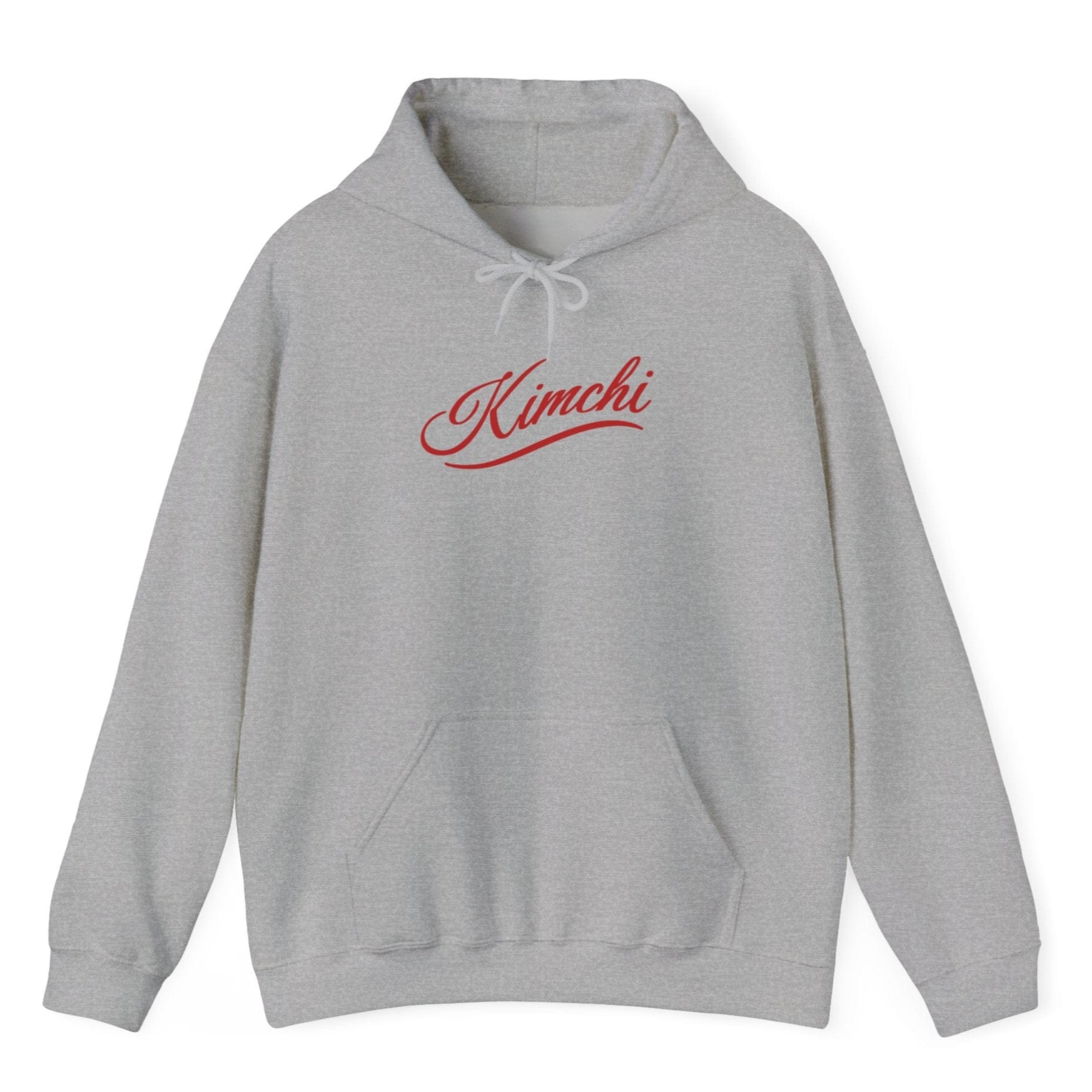 Sports grey hoodie with the word KIMCHI in in a simple but elegant script with a subtle flourish. Great gift for fermenters and kimchi lovers.