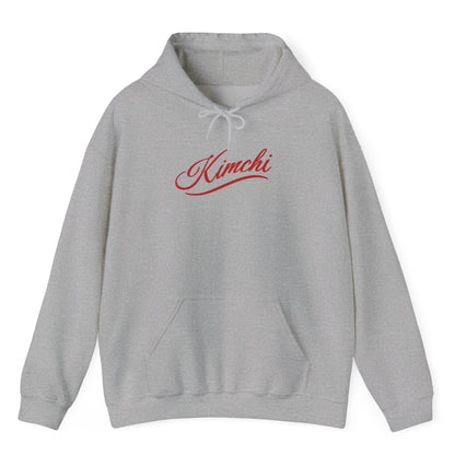 Sports grey hoodie with the word KIMCHI in in a simple but elegant script with a subtle flourish. Great gift for fermenters and kimchi lovers.