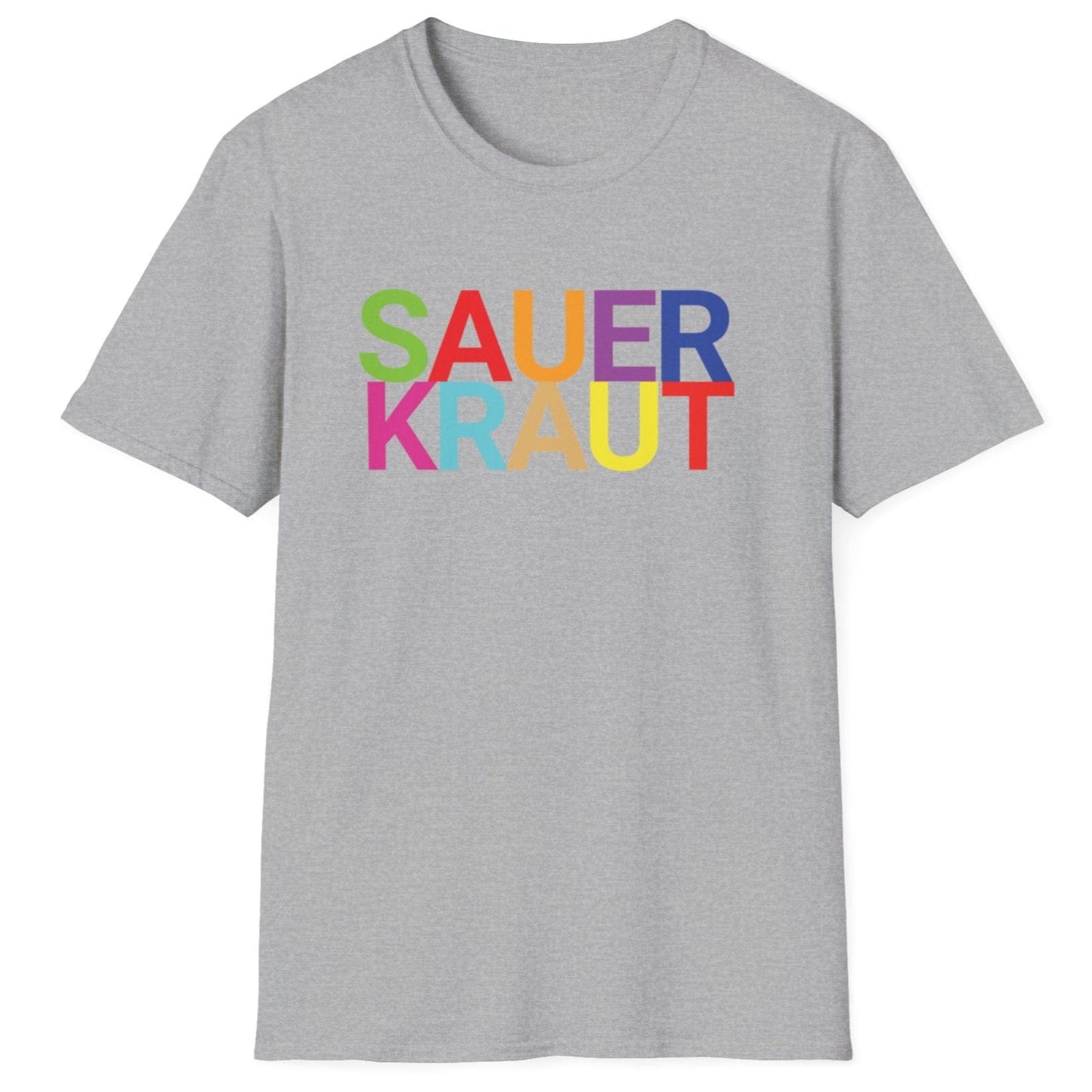 Grey cotton t-shirt with the word 'SAUERKRAUT' in big, bold, colourful typography. Perfect gift for fermenters and sauerkraut fans.