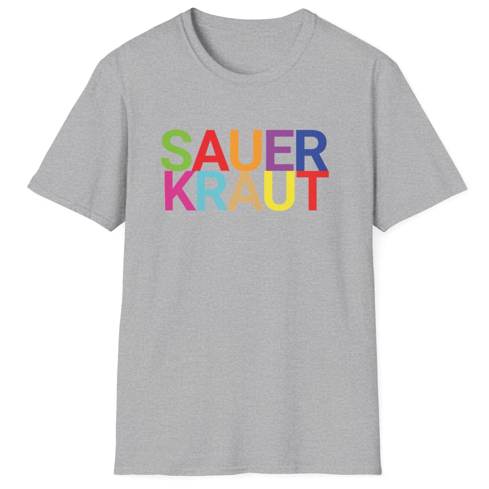 Grey cotton t-shirt with the word 'SAUERKRAUT' in big, bold, colourful typography. Perfect gift for fermenters and sauerkraut fans.