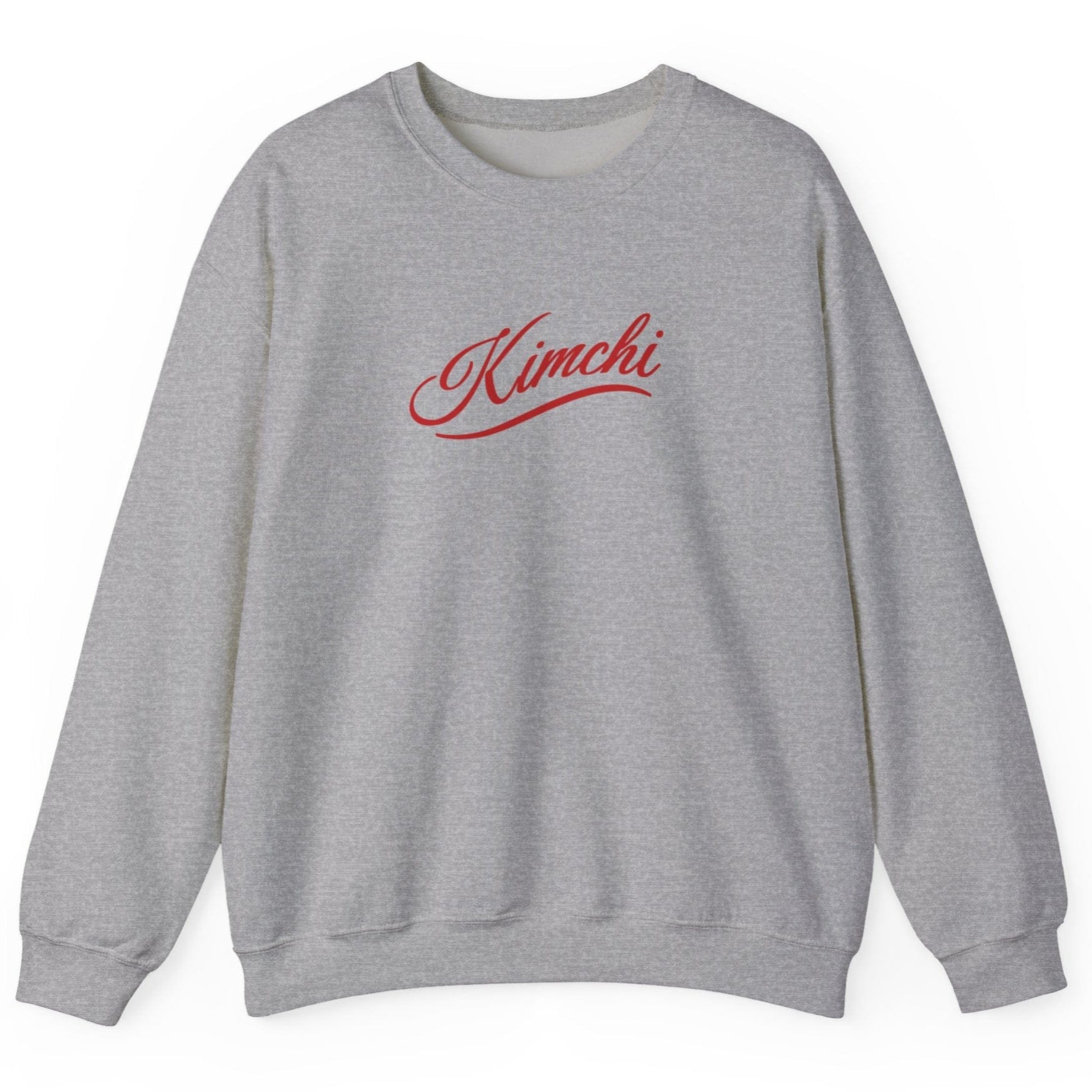 Sports grey sweatshirt with the word KIMCHI in in a simple but elegant script with a subtle flourish. Great gift for fermenters and kimchi lovers.