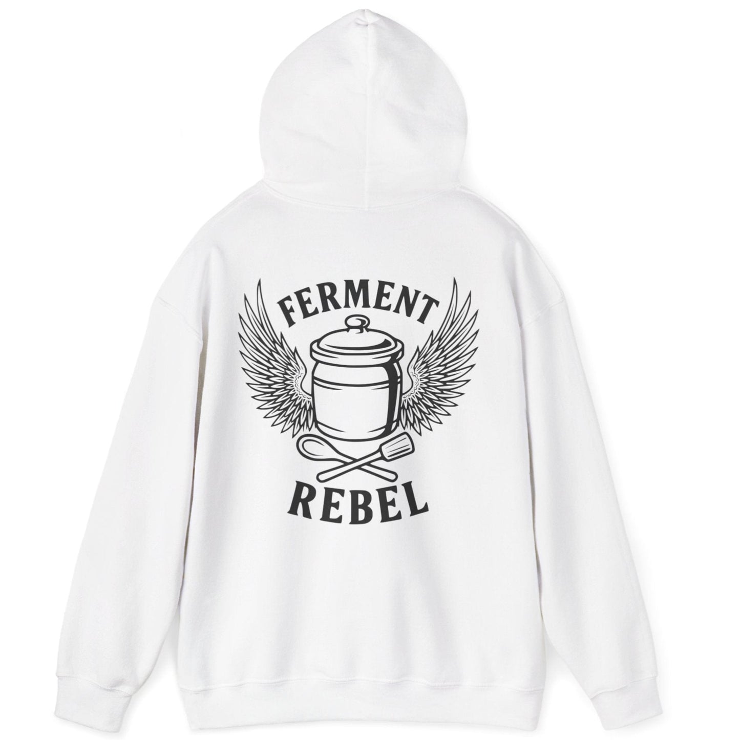White Ferment Rebel back print hoodie for fans of fermentation, featuring a ceramic crock with dramatic wings and crossed wooden spoon and tamper - tools of the trade. Design inspired by vintage Harley Davidson jackets.
