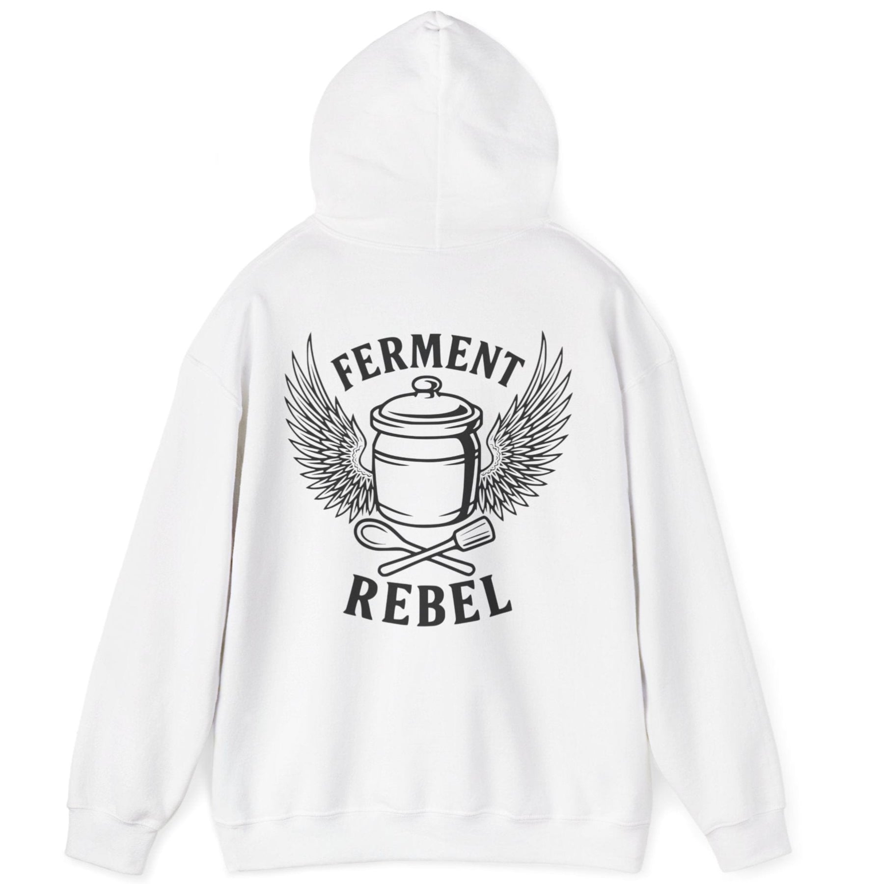 White Ferment Rebel back print hoodie for fans of fermentation, featuring a ceramic crock with dramatic wings and crossed wooden spoon and tamper - tools of the trade. Design inspired by vintage Harley Davidson jackets.