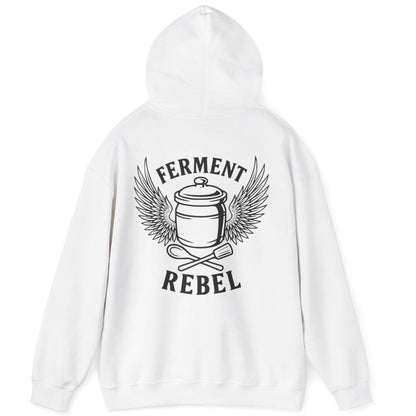 White Ferment Rebel back print hoodie for fans of fermentation, featuring a ceramic crock with dramatic wings and crossed wooden spoon and tamper - tools of the trade. Design inspired by vintage Harley Davidson jackets.