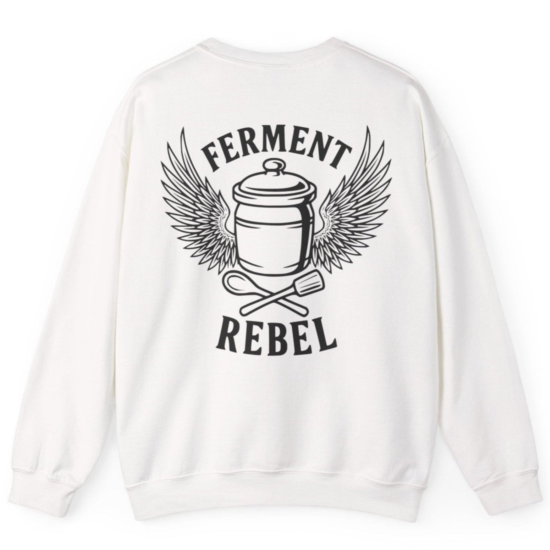 White Ferment Rebel back print sweatshirt for fans of fermentation, featuring a ceramic crock with dramatic wings and crossed wooden spoon and tamper - tools of the trade. Design inspired by vintage Harley Davidson jackets.