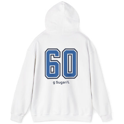 white varsity style hoodie for kombucha brewers with big bold back print stating 60g Sugar/L