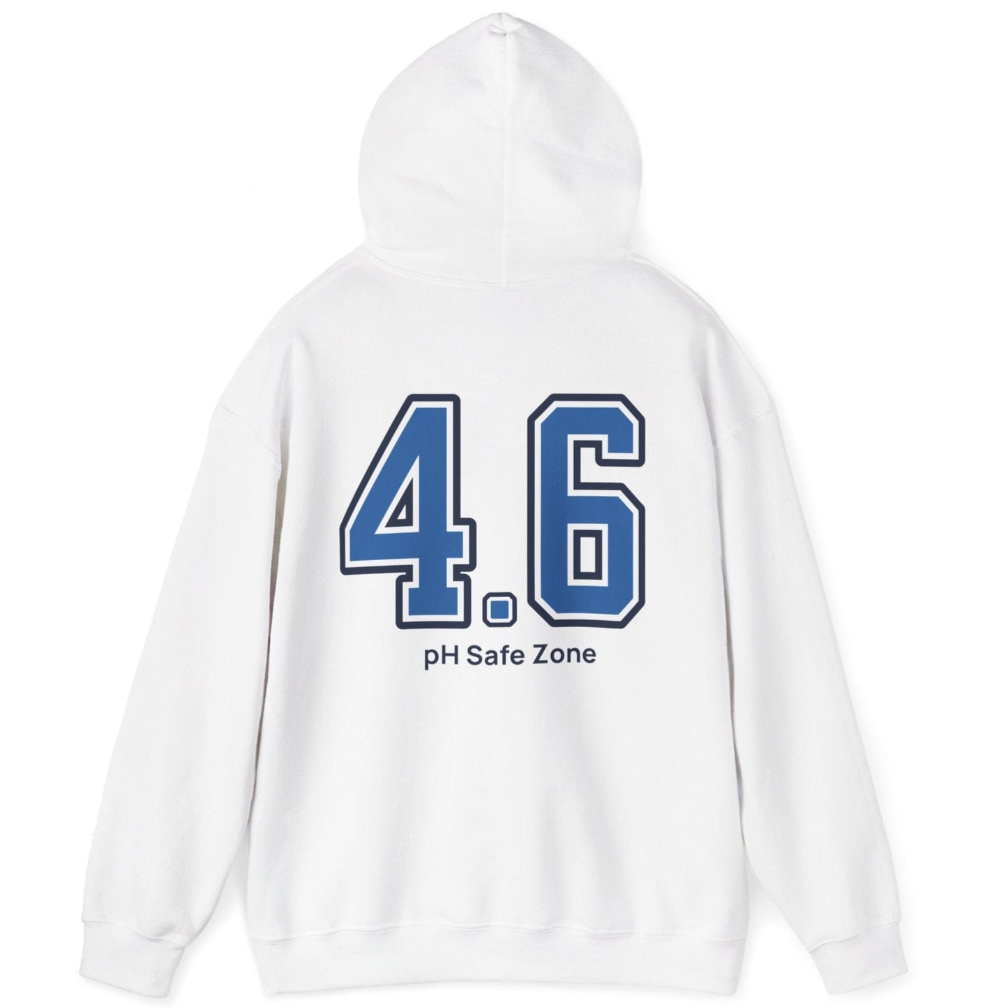 white hoodie with big bold varsity style numbers representing the 4.6pH safe zone where bad bacteria can't survive. Great gift for fermenters.
