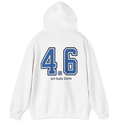 white hoodie with big bold varsity style numbers representing the 4.6pH safe zone where bad bacteria can't survive. Great gift for fermenters.