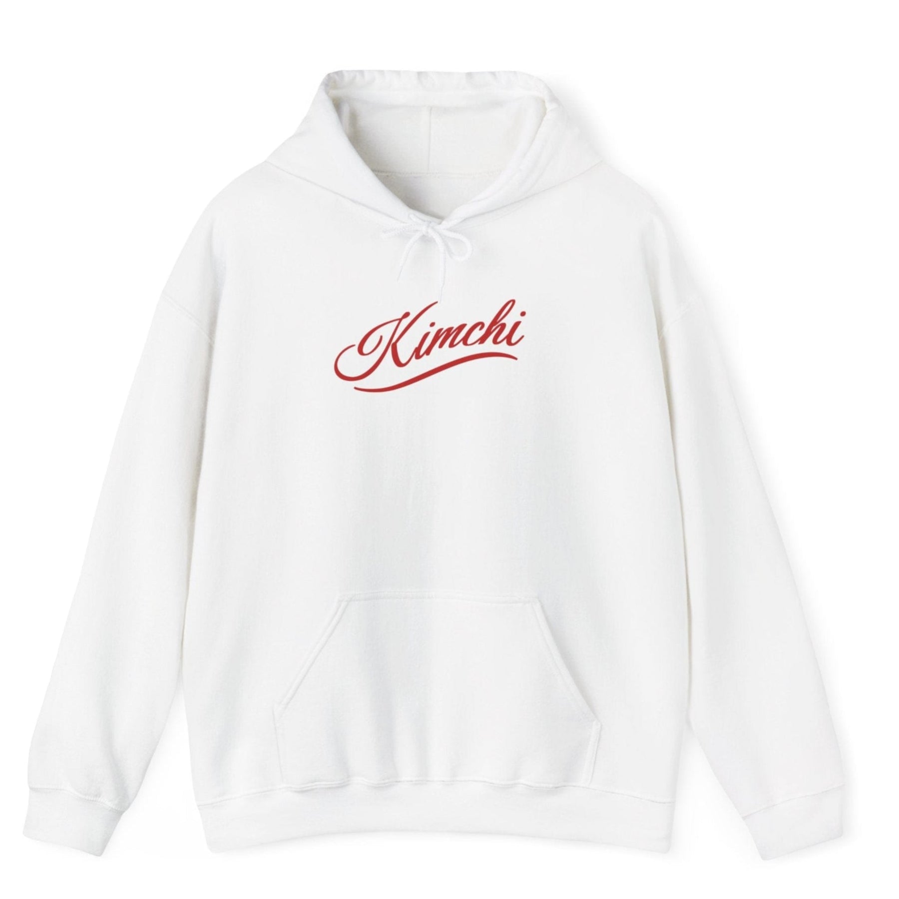 White hoodie with the word KIMCHI in in a simple but elegant script with a subtle flourish. Great gift for fermenters and kimchi lovers.