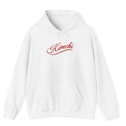 White hoodie with the word KIMCHI in in a simple but elegant script with a subtle flourish. Great gift for fermenters and kimchi lovers.