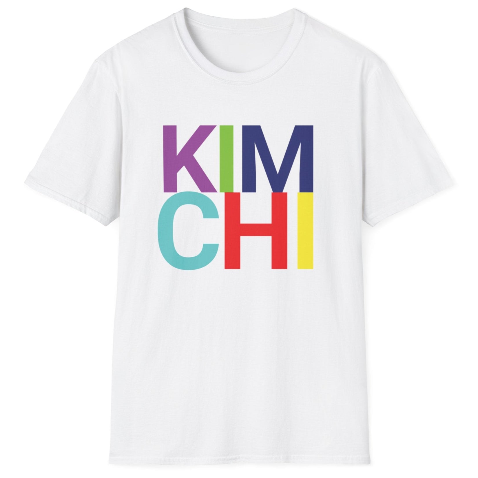 White cotton t-shirt with 'KIM CHI' in bold colourful typography. Great gift for kimchi lovers and fermenters.