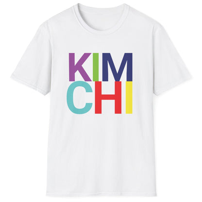 White cotton t-shirt with 'KIM CHI' in bold colourful typography. Great gift for kimchi lovers and fermenters.
