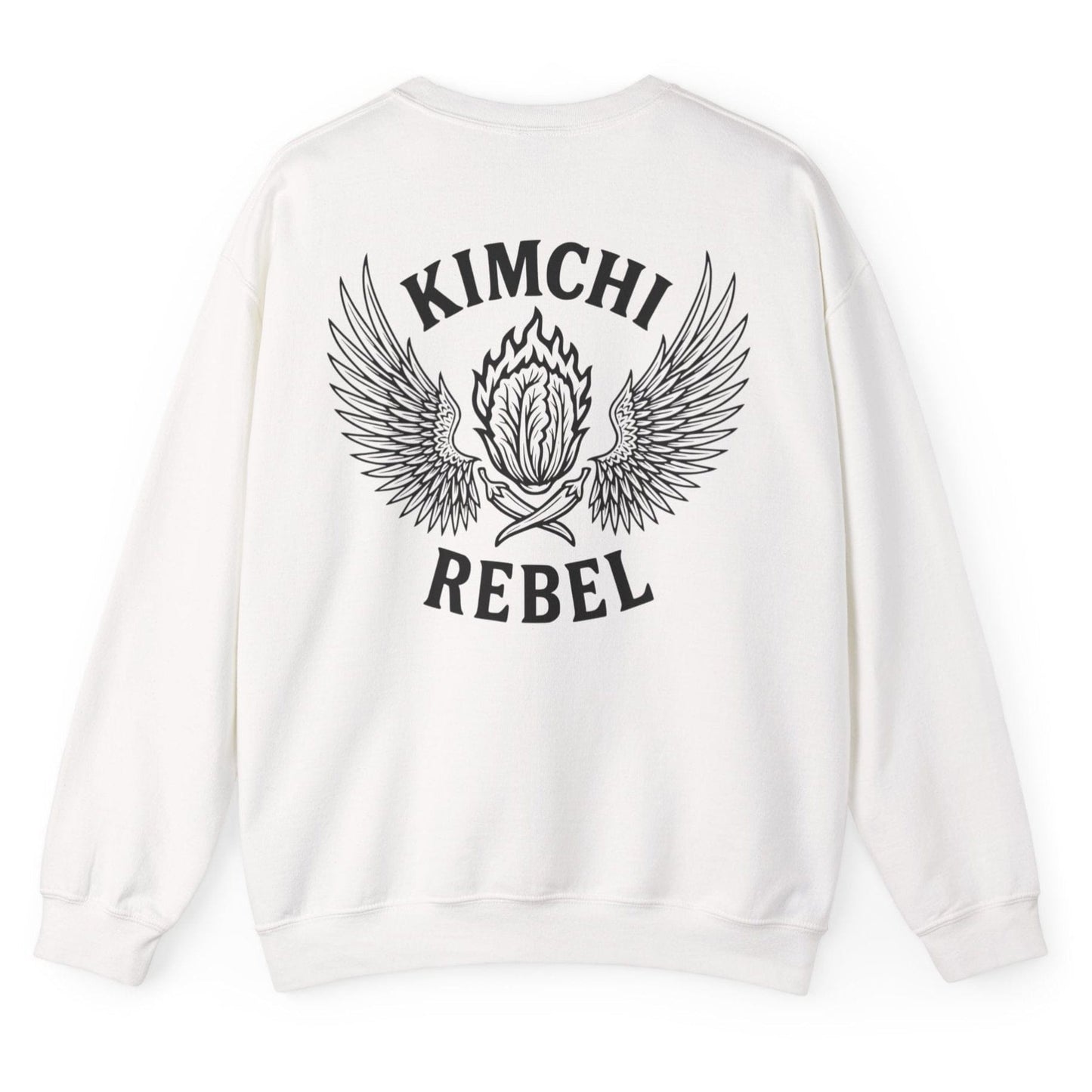 Dangerously white Kimchi Rebel back print sweatshirt for fans of fermentation and kimchi lovers, featuring a nappa cabbage in spicy flames, wings and crossed chillies. Design inspired by vintage Harley Davidson jackets.