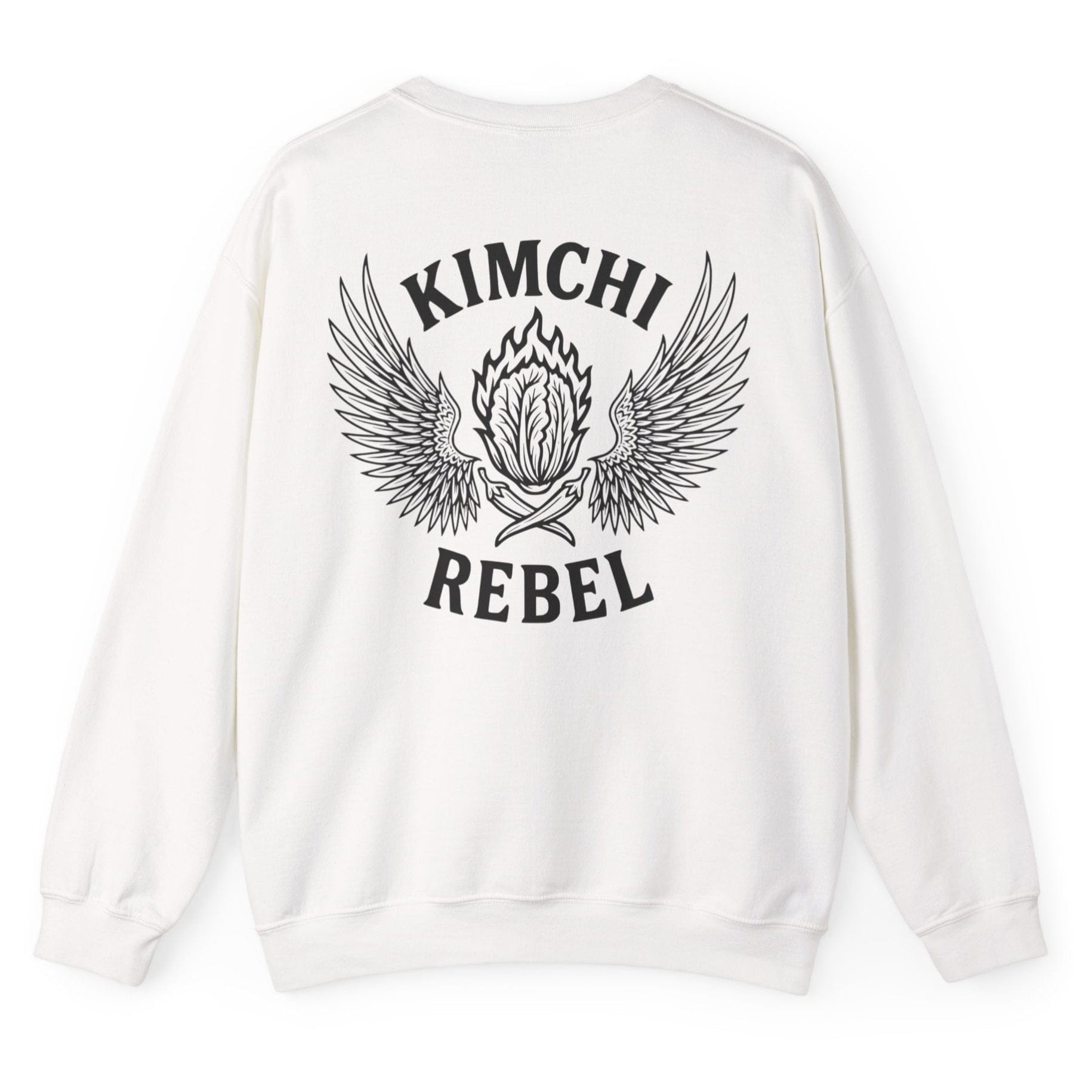 Dangerously white Kimchi Rebel back print sweatshirt for fans of fermentation and kimchi lovers, featuring a nappa cabbage in spicy flames, wings and crossed chillies. Design inspired by vintage Harley Davidson jackets.