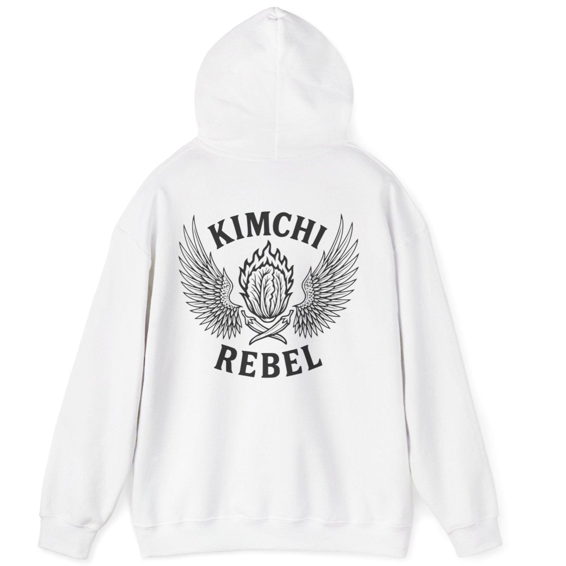 White Kimchi Rebel back print hoodie for fans of fermentation, featuring a nappa cabbage in spicy flames, wings and crossed chillies. Design inspired by vintage Harley Davidson jackets.