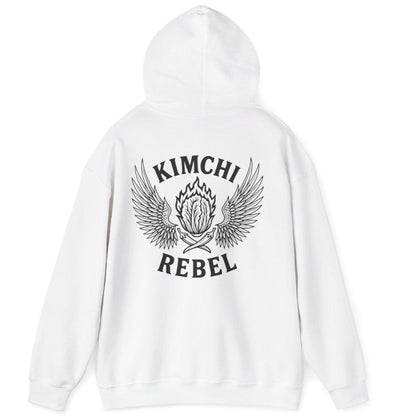 White Kimchi Rebel back print hoodie for fans of fermentation, featuring a nappa cabbage in spicy flames, wings and crossed chillies. Design inspired by vintage Harley Davidson jackets.