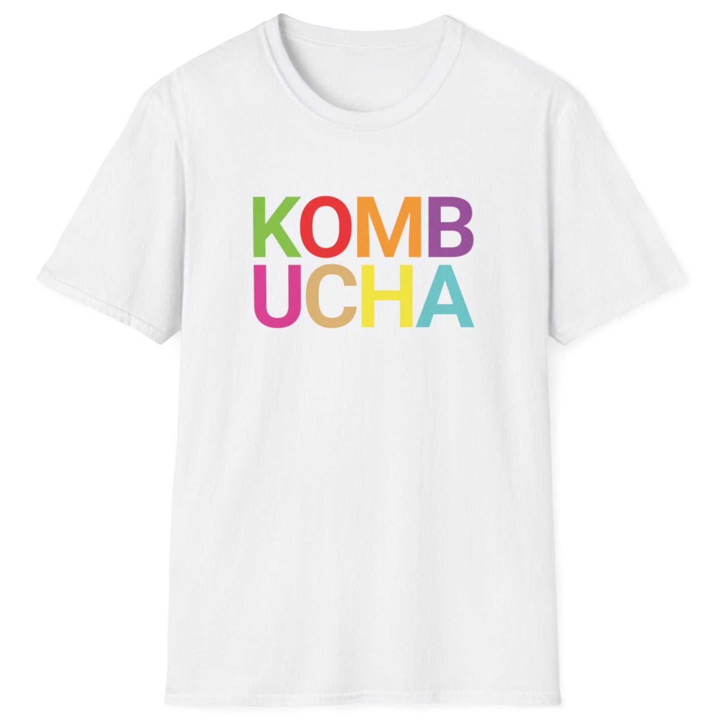 White cotton t-shirt with 'KOMB UCHA' in bold colourful typography. Modern and playful. Great gift for fermenters and kombucha lovers.