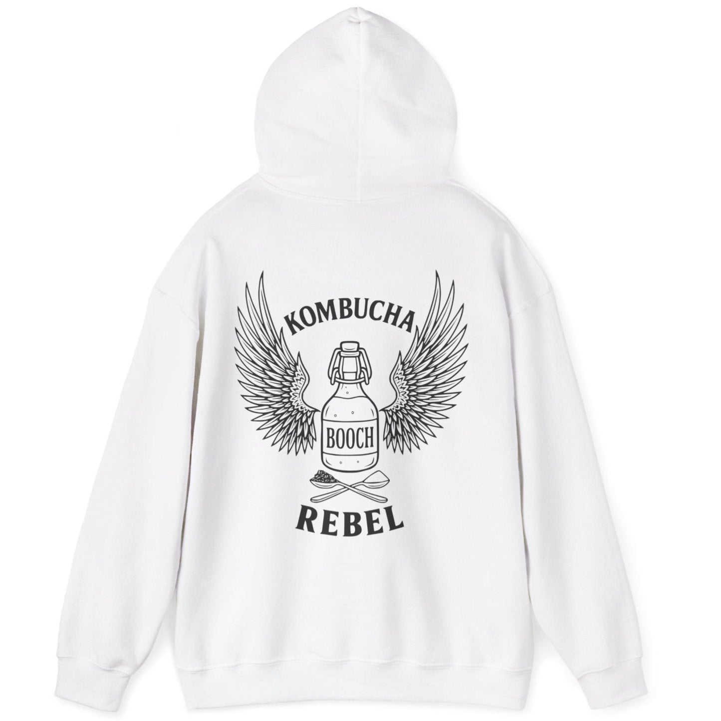 White Kombucha Rebel back print hoodie for fans of fermentation, featuring a bottle of booch with dramatic wings and crossed spoons - one with tea leaves and one with sugar. Design inspired by vintage Harley Davidson jackets.