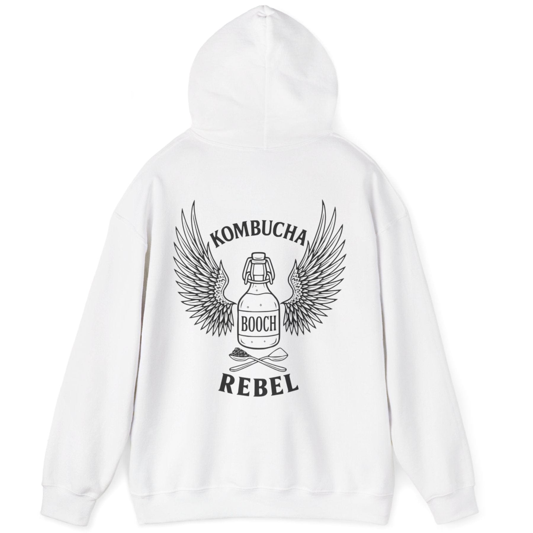 White Kombucha Rebel back print hoodie for fans of fermentation, featuring a bottle of booch with dramatic wings and crossed spoons - one with tea leaves and one with sugar. Design inspired by vintage Harley Davidson jackets.