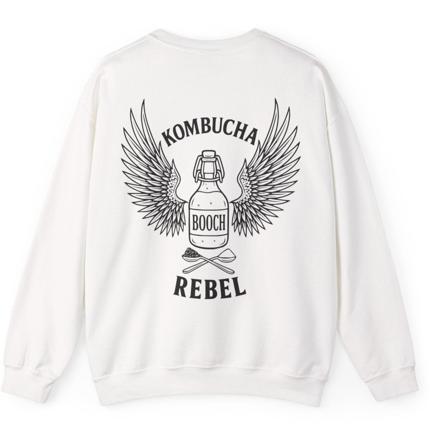 White Kombucha Rebel back print sweatshirt for fans of fermentation, featuring a bottle of booch with dramatic wings and crossed spoons - one with tea leaves and one with sugar. Design inspired by vintage Harley Davidson jackets.
