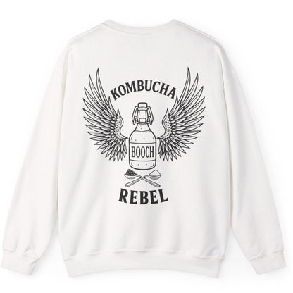 White Kombucha Rebel back print sweatshirt for fans of fermentation, featuring a bottle of booch with dramatic wings and crossed spoons - one with tea leaves and one with sugar. Design inspired by vintage Harley Davidson jackets.