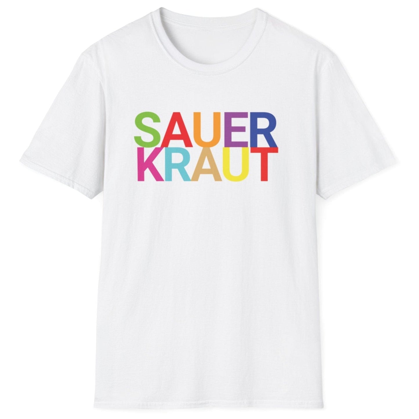 White cotton t-shirt with the word 'SAUERKRAUT' in big, bold, colourful typography. Perfect gift for fermenters and sauerkraut fans.