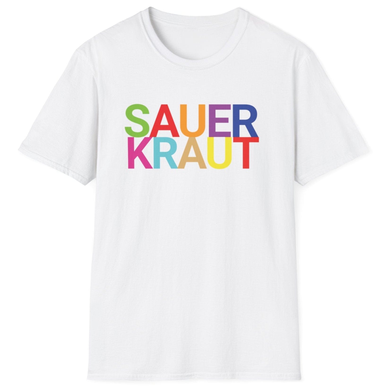 White cotton t-shirt with the word 'SAUERKRAUT' in big, bold, colourful typography. Perfect gift for fermenters and sauerkraut fans.