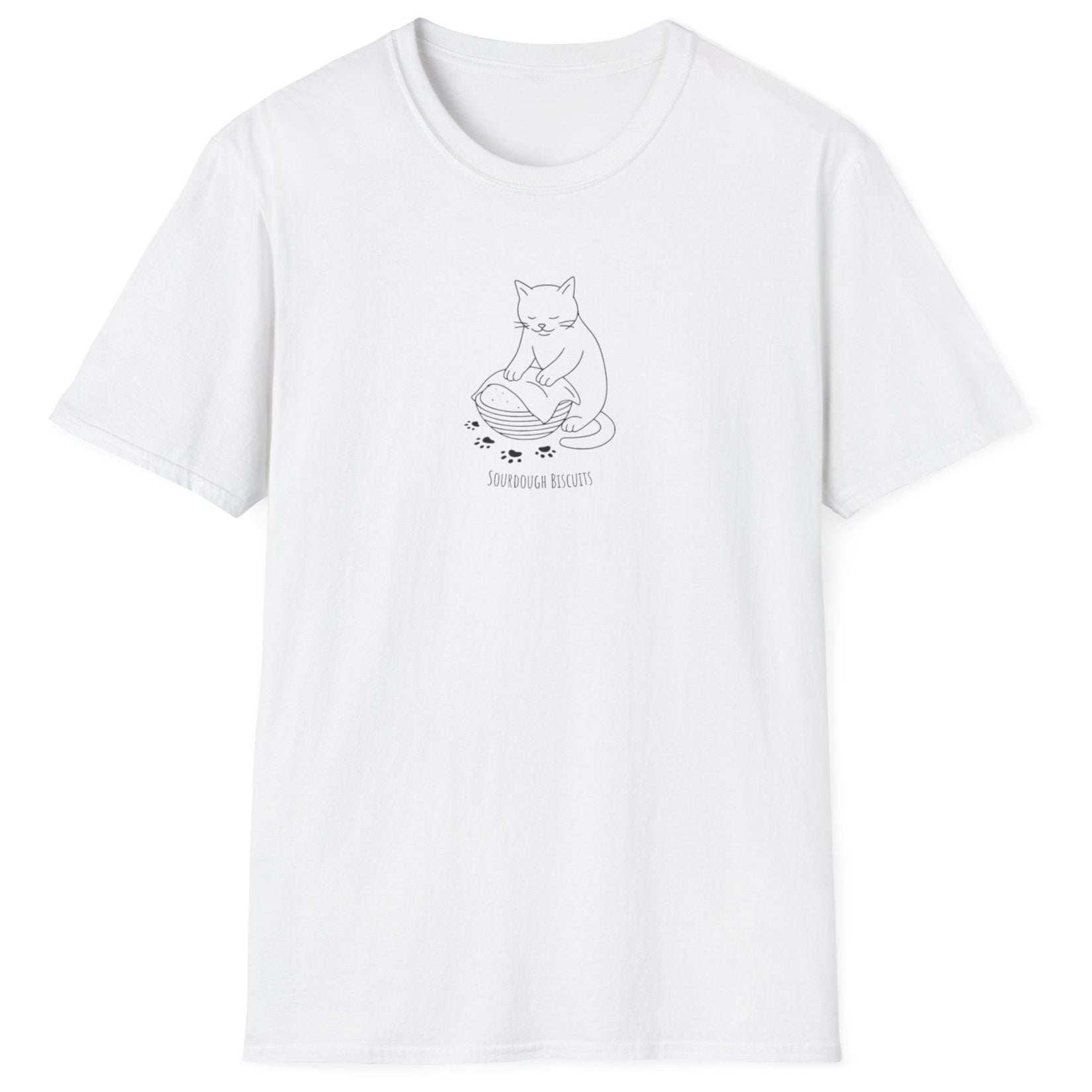 Illustrated cat kneading dough in a banneton, surrounded by floury paw prints — Sourdough Biscuits t-shirt in white for cat and bread lovers