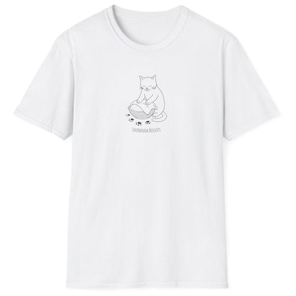 Illustrated cat kneading dough in a banneton, surrounded by floury paw prints — Sourdough Biscuits t-shirt in white for cat and bread lovers