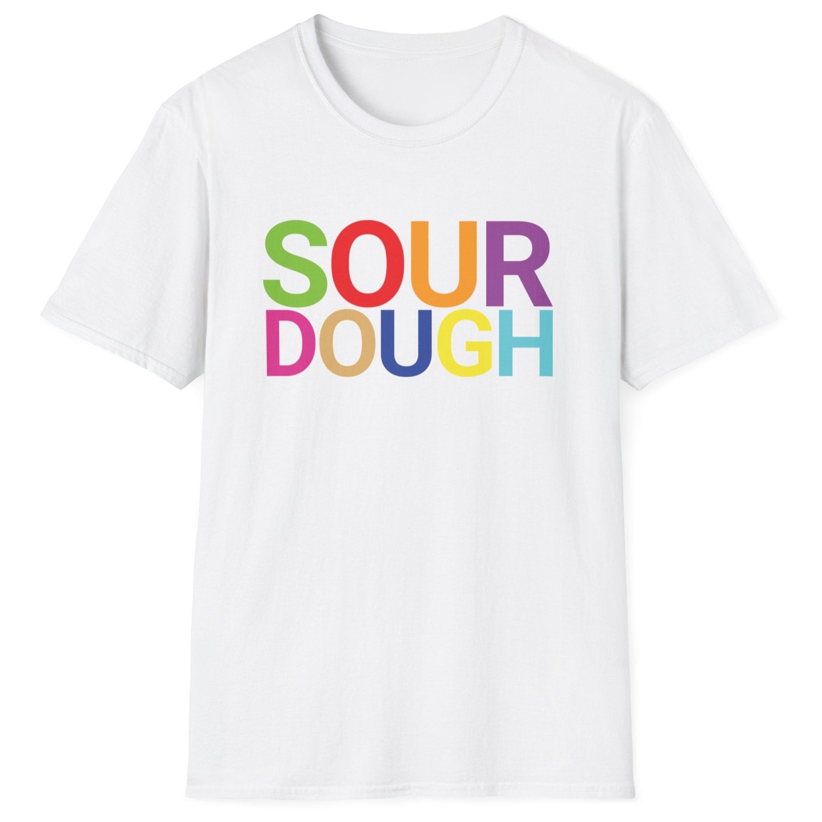 White cotton t-shirt with the word 'SOUR DOUGH' in bold colourful typography. Great gift for bakers and fermenters.