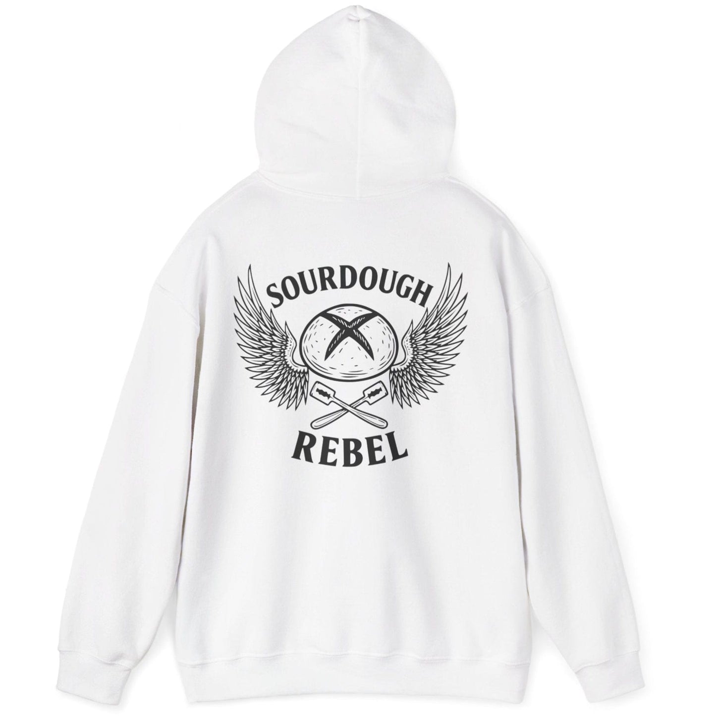 White Sourdough Rebel back print hoodie for fans of fermentation, featuring a sourdough boule with dramatic wings and crossed lames. Design inspired by vintage Harley Davidson jackets.