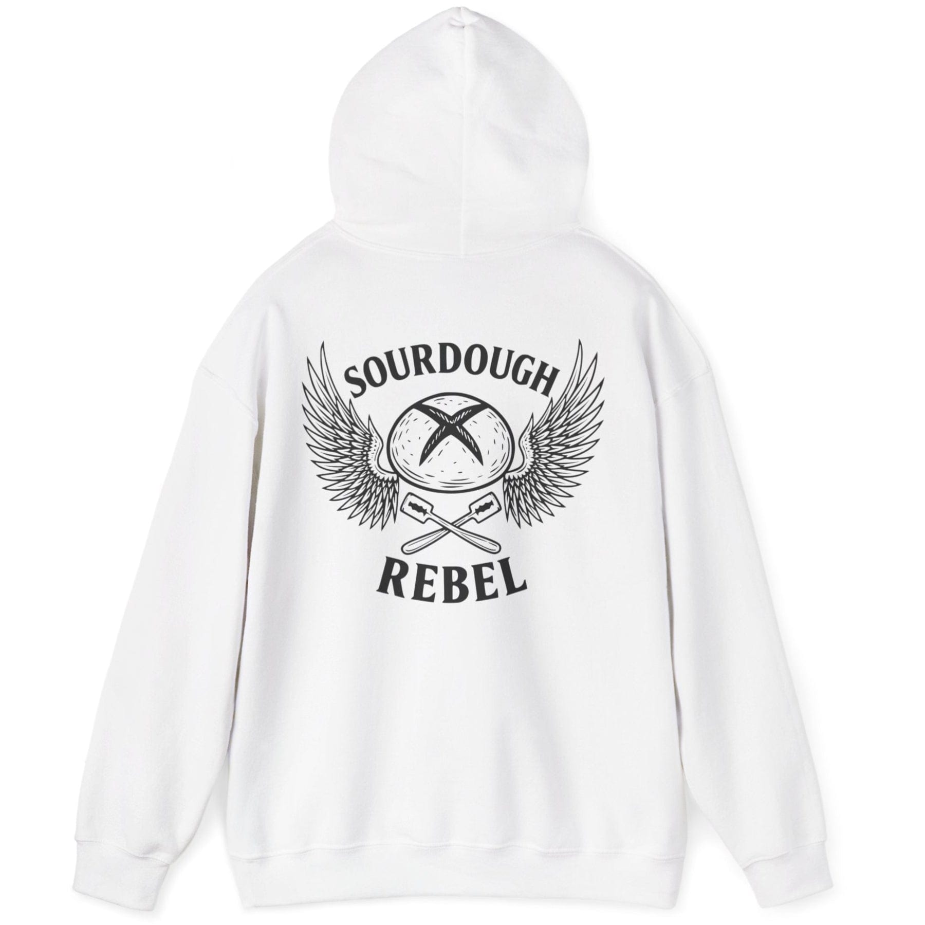 White Sourdough Rebel back print hoodie for fans of fermentation, featuring a sourdough boule with dramatic wings and crossed lames. Design inspired by vintage Harley Davidson jackets.