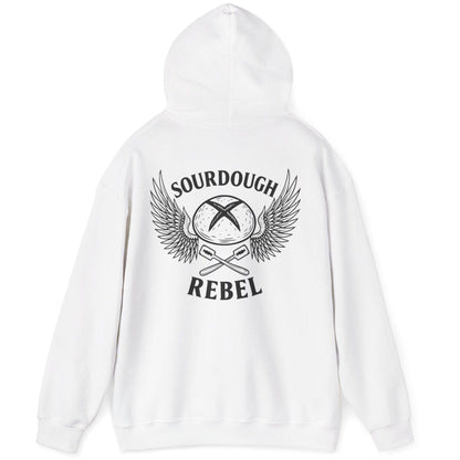 White Sourdough Rebel back print hoodie for fans of fermentation, featuring a sourdough boule with dramatic wings and crossed lames. Design inspired by vintage Harley Davidson jackets.