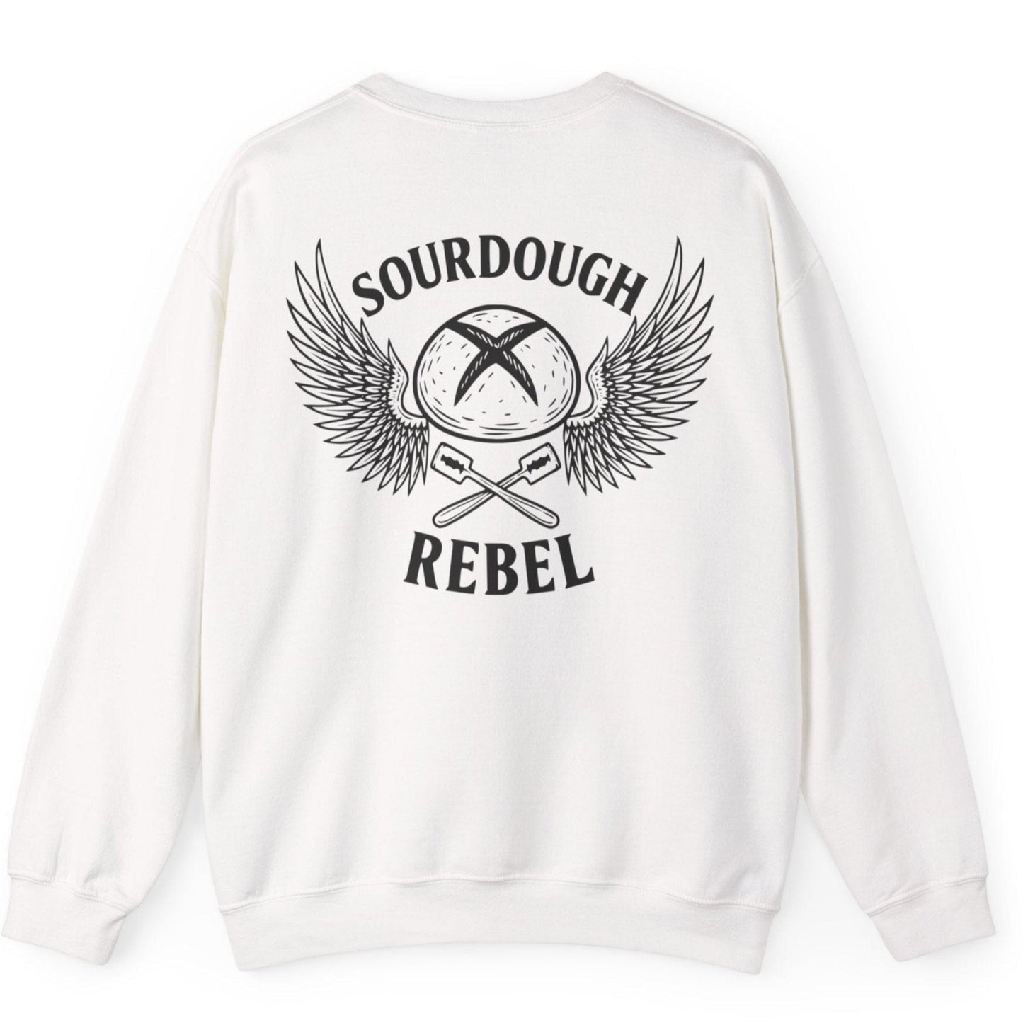 White Sourdough Rebel back print sweatshirt for fans of fermentation, featuring a sourdough boule with dramatic wings and crossed lames. Design inspired by vintage Harley Davidson jackets.
