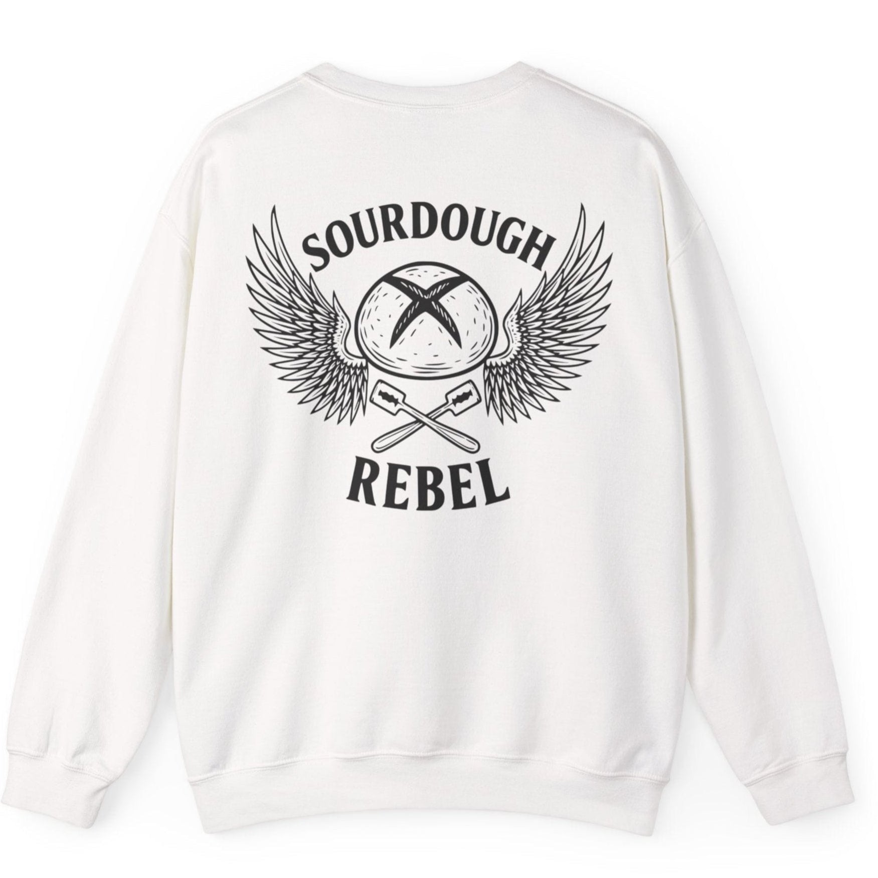 White Sourdough Rebel back print sweatshirt for fans of fermentation, featuring a sourdough boule with dramatic wings and crossed lames. Design inspired by vintage Harley Davidson jackets.