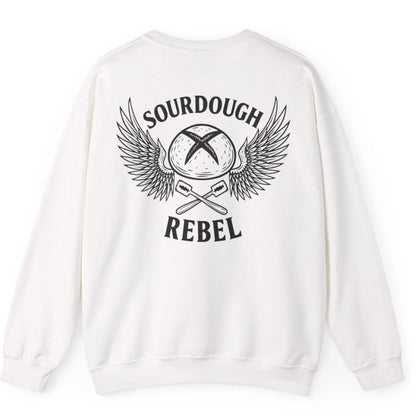 White Sourdough Rebel back print sweatshirt for fans of fermentation, featuring a sourdough boule with dramatic wings and crossed lames. Design inspired by vintage Harley Davidson jackets.