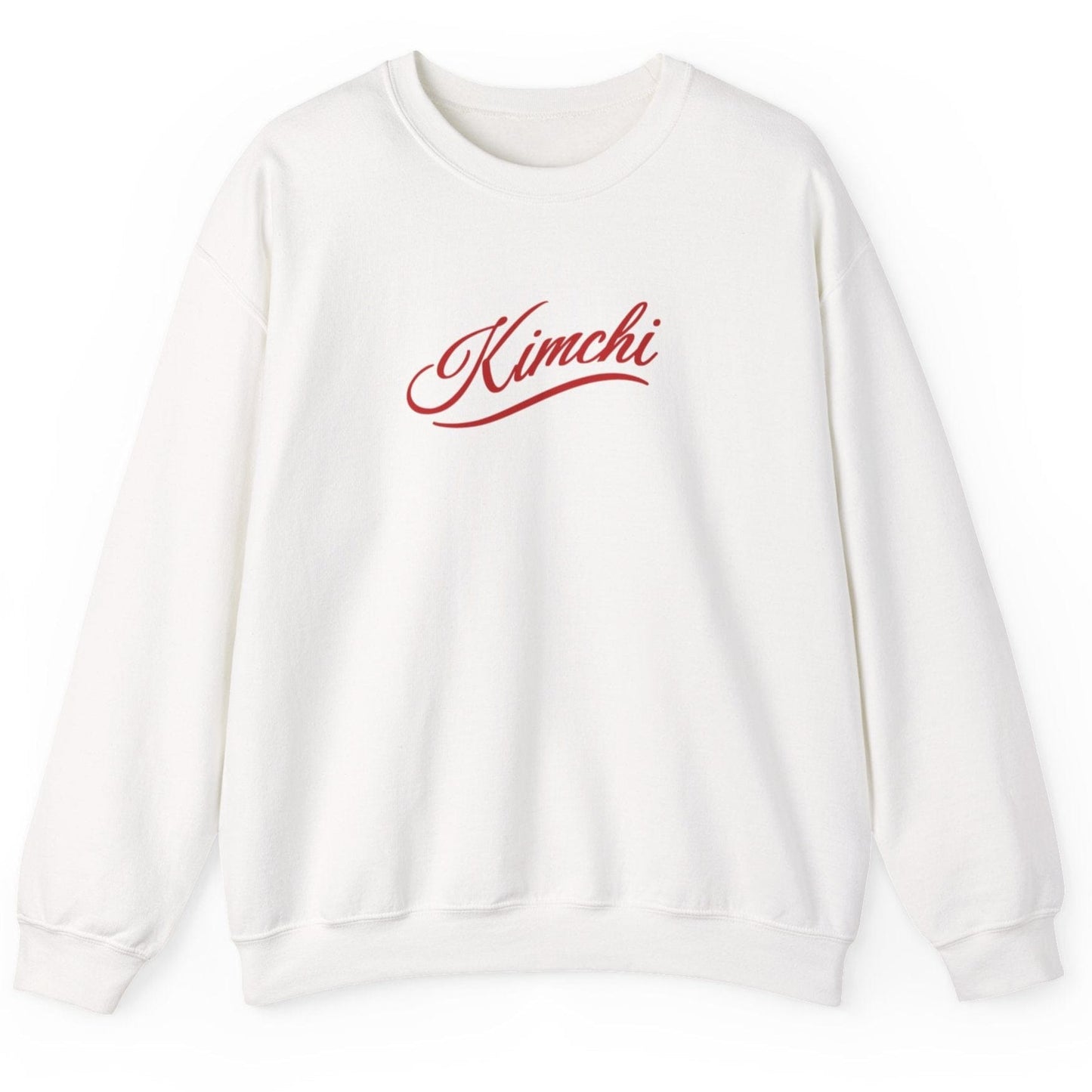 White sweatshirt with the word KIMCHI in in a simple but elegant script with a subtle flourish. Great gift for fermenters and kimchi lovers.