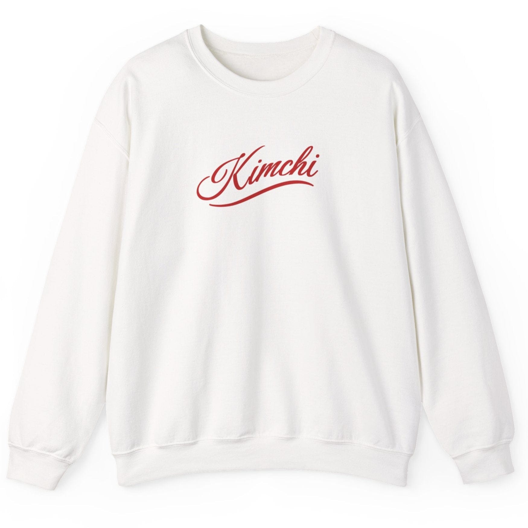 White sweatshirt with the word KIMCHI in in a simple but elegant script with a subtle flourish. Great gift for fermenters and kimchi lovers.
