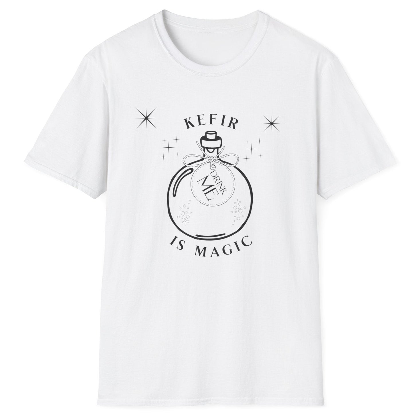 white cotton t-shirt with 'Kefir is Magic' graphic design featuring a magic potion bottle with a label saying 'drink me'